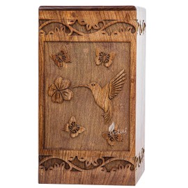INTAJ Wooden Cremation Urn for Human Ashes, Adult Rosewood Urn for Ashes, Humming Bird Funeral Cremation Urn Hand-Crafted - Burial Urn Box (Rosewood Birds, Large - 11.25Hx6.25W (250 Cu/In))