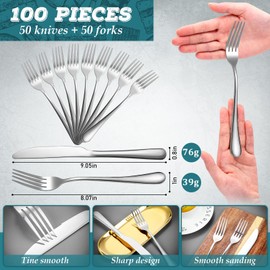 Nuenen 100 Pcs Stainless Steel Forks Dinnerware Set, Dinner Forks and Dinner Knives Flatware Set Tableware Cutlery Set for Butter Kitchen Restaurant Hotel Home, Dishwasher Safe (Silver,9.06", 8.07")