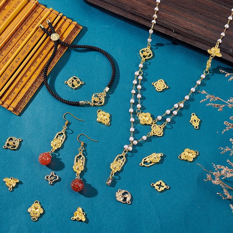 AHANDMAKER 180pcs 9 Styles Double Hole Pendant Connector, Gold Flower