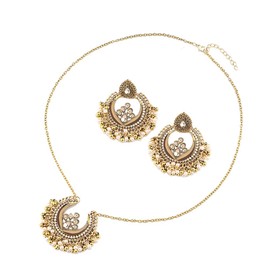 Vintage Jhumka Dangle Drop Earrings Pendant Necklace for Women Crystal Pearl Boho Traditional Bohemian Tassel Dangling Beaded Ball Earring Charm Indian Style Necklaces Bollywood Jhumki Ethnic Gypsy Wedding Party Oxidized Jewelry Gifts (Khaki)