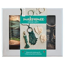 Makramee-Schmuckset „Choose Happy“ (Petrol/Natur): Anleitung und Material für 5 Makramee Schmuckstücke. Mit Makramee-Drahtbürste und Knüpfboard.