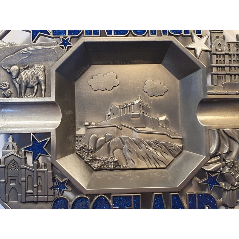 Edinburgh Scotland Metal Ashtray - Castle/Scottish Piper/Highland Cattle/Words in Blue