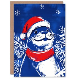 Artery8 Cute Seal Santa Hat Scarf White Blue For Child Kids Xmas Festive Christmas Card