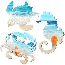 3 Pcs Christmas Coastal Wall Decor Beach Wall Art Decor Blue Sea Turtle Surfboard Seahorse Starfish Seashell Conches Crabs Sea Life Decor for Bathroom Bedroom Home (Turtle,Seahorse,Crab)