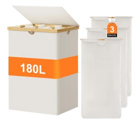 WOWLIVE 180L Laundry Hamper 3 Section, Bamboo Laundry Basket with lid, Extra Large Dirty Clothes Hamper with Removable Laundry Bags, Laundry Bin Organizer Storage for Dorm Bedroom Bathroom, Beige