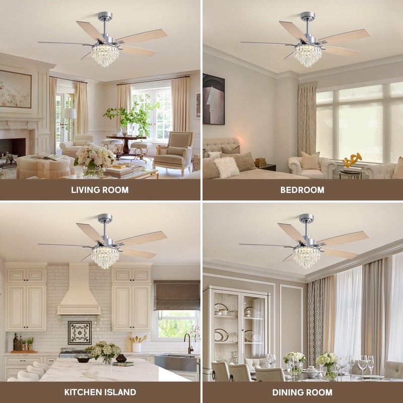 LUDOMIDE Chandelier Ceiling Fan, 52 Inch Crystal Ceiling Fan with