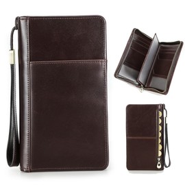 CONTACTS Men's Coffee Brown Leather RFID Blocking Family Passport Holder for 4 Passports with 13 Card Slots, 4 Passport Slots, 1 Boarding Pass Compartment, 1 Phone Pocket, 1 Coin Pocket, 1 Pen Holder