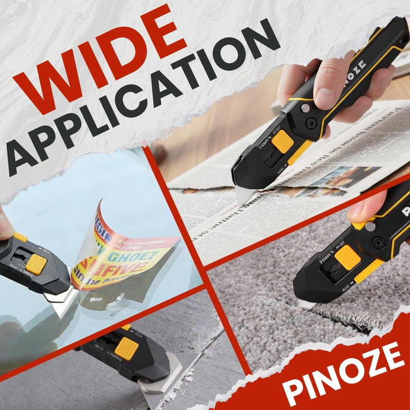 PINOZE Folding Utility Knife Scraper, 3-in-1 Box Cutter with Lanyard