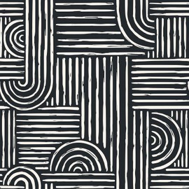 Livelynine 17.5x276" Mid Century Modern Wallpaper Geometric Black and White Peel and Stick Wall Paper with Designs Abstract Accent Wall Covering Aesthetic Bedroom Bathroom Line Contact Paper for Walls