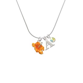 Delight Jewelry Silvertone Hot Orange Hibiscus Flower - Silvertone Capital Initial Charm Necklace with Crystal Drop, 18"