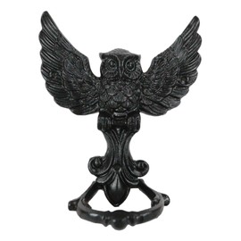 Ebros Gift Black Powder Coated Metal Rustic Flying Wise Great Horned Owl Fleur De Lis Door Knocker Sculpture with Built in Striking Plate Owls Birds Home Decorative Garden Cottage Accent