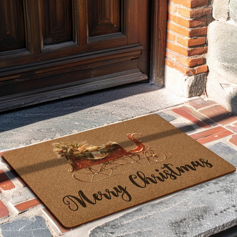 Rustic Sleigh Doormat, Merry Christmas Welcome Mat Artificial Coir Non