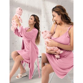 SUNNYBUY - Conjunto de bata de maternidad para mujer, 3 en 1 para parto, vestido de lactancia materna, ropa de dormir posparto, Rosado, M