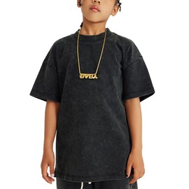 Flygo Boys Girls Cotton T-Shirts Kids Acid Wash Tshirt Summer Unisex Casual Short Sleeve Loose Basic Tee Top(BlackGrey-XL)