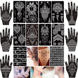 XMASIR 16 Sheets Airbrush Tattoo Stencil Kit 79Pcs Glitter Tattoo Sticker Indian Arabian Black Tattoo Temporary for Women Kids