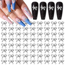 XEAOHESY 100 Pieces Alloy Silver Bow Charms for Nails Bow Nail Charms Bowknot Nail Studs for Women Girls Nail Art(0.20inchx0.28inch)