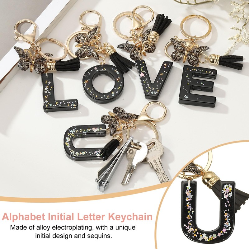 [PATIKIL] アルファベットイニシャルレターキーチェーン 女性用キーパースハンドバッグバッグアクセサリー用タッセルバタフライレターUペンダント装飾付きレジンかわいいキーチェーン 黒