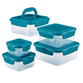 Rachael Ray Leak-Proof Nestable Container Food Storage Bin Set, 10-Piece Square, Teal Lid