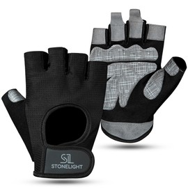 STONELIGHT Gym Gloves for Men & Women – Weightlifting, CrossFit, Training Gloves with Non-Slip Grip, Breathable Mesh, Padded Palm Protection – Fingerless Fitness Gloves (Black, XL)