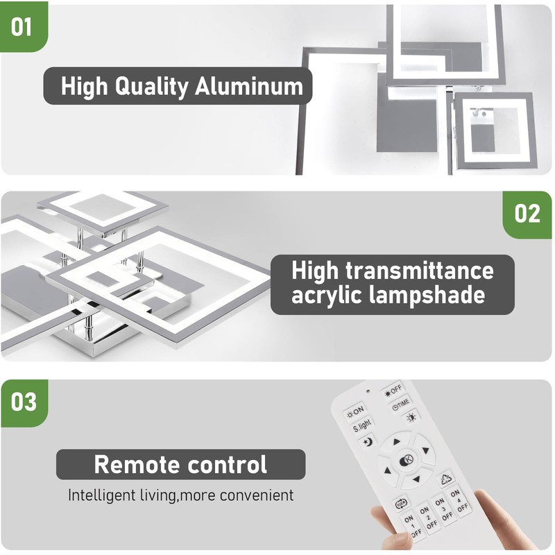 HLILCEH Modern Chrome Led Ceiling Light 3-Square Design 3000K-6500K Dimmable