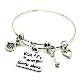 ChubbyChicoCharms Wine Pjs and true crime shows documentaries Expandable Bangle Charm Bracelet