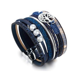 Fesciory Leather Wrap Bracelets for Women, Boho Leopard Multi-Layer Crystal Beads Cuff Bracelet Jewelry (Tree of Life(Blue))