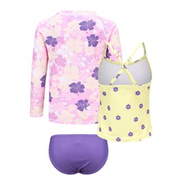 Moon Tree Big Girls 3 Piece Long Sleeve Rash Guard Swimsuits Set Tankini Bathing Suits for Girls Beach Swimwear Yellow Purple Size 12/10-12 Years