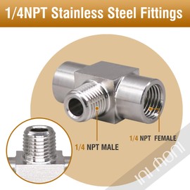ini moni stainless steel 304 tee pipe fitting, NPT 1/4 female x male x female thread 3 way t adapter for connecting gauge gas water hydraulic hose, heavy duty 4350 psi (1 pc)
