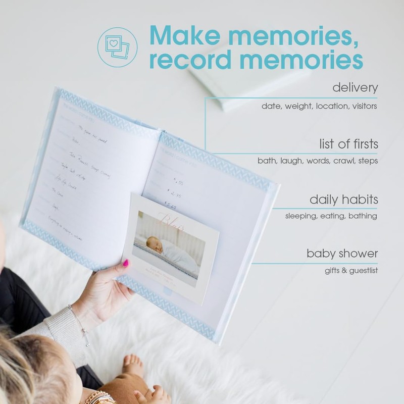 Pearhead Chevron Baby Book with Clean-Touch Ink Pad, Blue