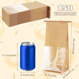 FVIEXE 150PCS Bakery Bags with Window, 5 x 4.1 x 11.2 Inch Brown Tin Tie Tab Lock Bags Bakery Cookie Bags, Kraft Paper Cookie Treat Bag for Cookies Packaging Gift Giving Wedding Favors Coffee