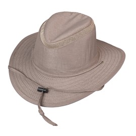 Polyester and Nylon Blend Breezer Style Outdoor Hat with Mesh Insert Around The top. Fully Stitched Dimensional Brim Provides Added Sun Protection. Chincord. Moisture Wicking Coolmax Sweatband. Tan