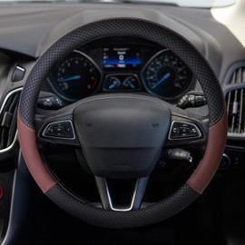 Steering Wheel Cover, M Size, Steering Cover, 15.0 inches (38 cm), "Made of Leather to Improve the Grip of the Handle" NEW ALLIANCE (Black x Brown)