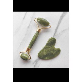 Jade Roller and Gua Sha Set, Natural Green Stone Facial Massage Tools with Gold Accents, 2-Piece Beauty Kit