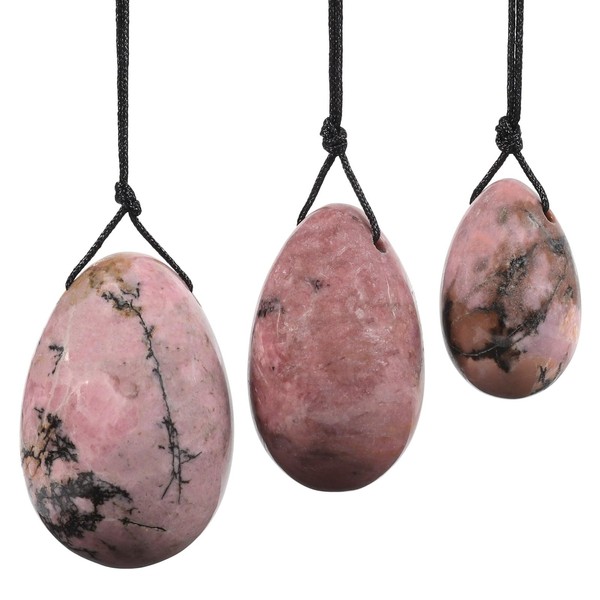 Nupuyai Rhodonite Yoni Eggs Set of 3 with Cord, Drilled Crystal Massage Stone Oval Cone Egg for Women Cone Exercise Strengthening Pelvic Floor Muscles