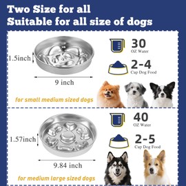 2Pcs Slow Feeder Dog Bowls - 304 Stainless Steel Dog Bowl Set with Non-Slip Base (2~5 Cups Capacity) - Heavy Duty Metal Food & Water Bowls Slows Down Pets Eating for Medium & Large Sized Dogs