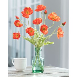 Petals - California Poppies Silk Flower Arrangement in Green Glass Bottle - Flame Colored Poppies - 16" Height x 12" Width