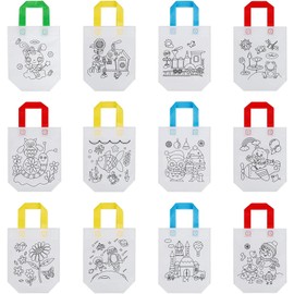 Fabric Bag Set DIY Graffiti Bags 6 Pieces 12 Patterns Non-Woven Bag for Painting & 6 Colour Colouring Pencils