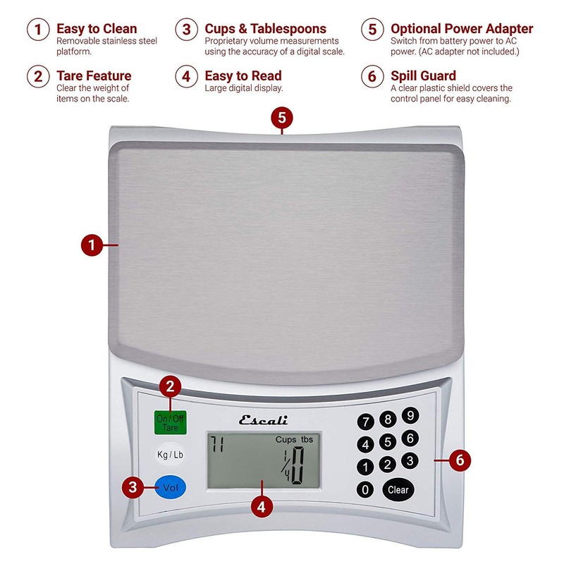 Escali Pana V136 Large Volume Measuring Kitchen/Baking/Cooking Scale, Preprogrammed With