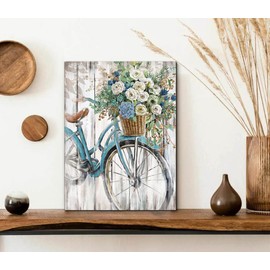 LAIART Farmhouse bathroom wall decor canvas art blue Retro bike picture print flower artwork for bedroom dining living room(11''x15)