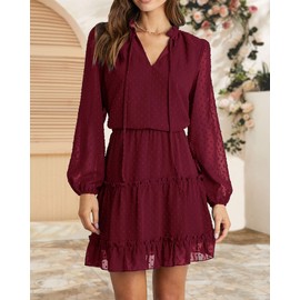 BTFBM Long Sleeve Fall Dresses for Women 2025 Summer Casual Tie Neck Ruffle Tiered A Line Wedding Guest Short Mini Dress(Dot Wine Red, Medium)