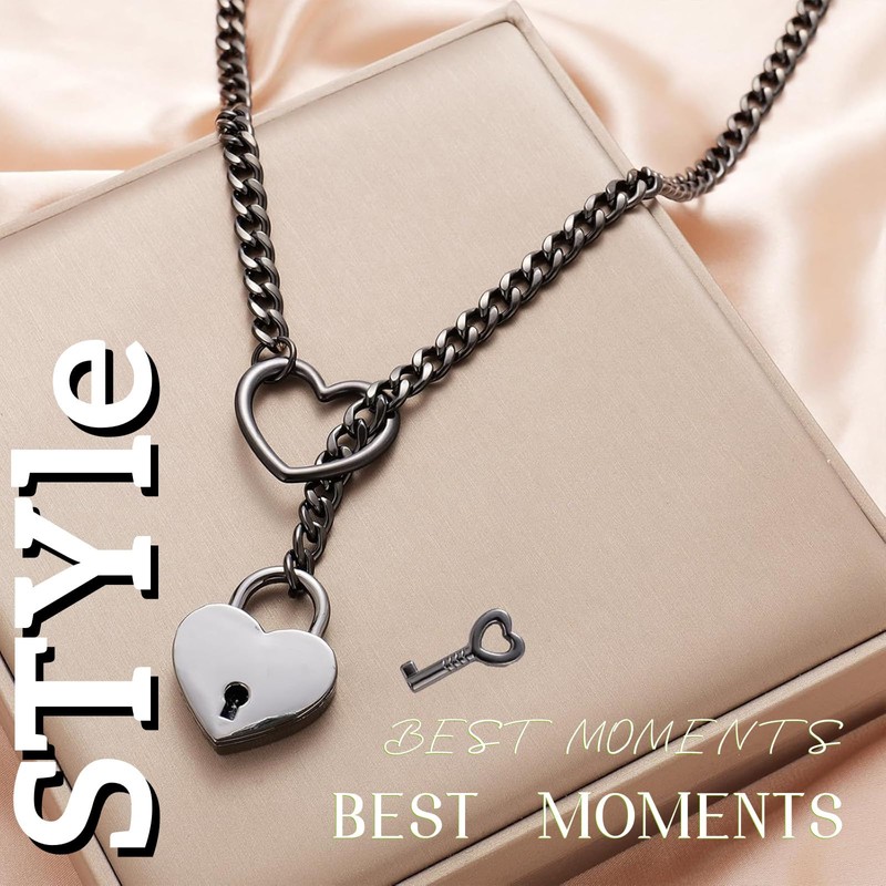 Ticome Women's Slip Chain Necklace Locker Key Heart O-Ring Black