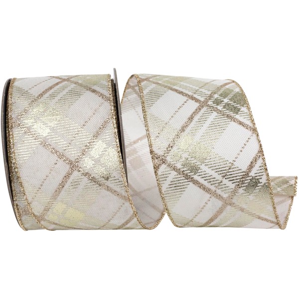 Reliant Ribbon Plaid Twill Printed Metallic Wired Edge, Ivory/Gold, 2-1/2