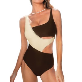 CUPSHE Women's One Piece Swimsuit Scoop Neck Color Block Bathing Suit Wide Straps Side Cutout, M
