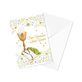 LINA OFFICINE GRAFICHE CREATIVE First Communion & Holy Confirmation Card - Floral Design with Gold Chalice - 5.8" x 4.1" - Includes Envelope