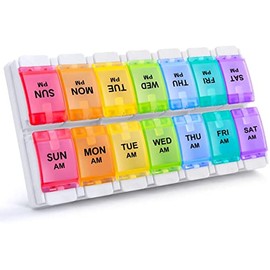 AM PM Weekly 7 Day Pill Organizer, HUAXIYAN Large Daily Pill Cases Pill Box with Easy Push Button Design for Pills/Vitamin/Fish Oil/Supplements (Rainbow) (Rainbow)