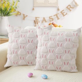 RABUSOFA Easter Pillow Covers 18x18 inch Set of 2 Easter Decorations Pink Ears White Rabbit Soft Plush Faux Fur Jacquard Throw Pillows for Bedroom Sofa Holiday Home Decor