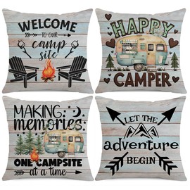 Happy Camper Throw Pillow Covers Set of 4 20" x 20" Vintage Rustic Wood Camper Saying Welcome to Our Camper Let The Adventure Begin Throw Pillow Case Camper Rv Home Outdoor Decorative Cushion Cover