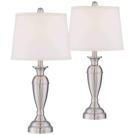 Regency Hill Blair Traditional Table Lamps 25" Tall Set of 2 Brushed Nickel Silver Metal Candlestick White Drum Shade for Bedroom Living Room House Home Bedside Nightstand Office Entryway