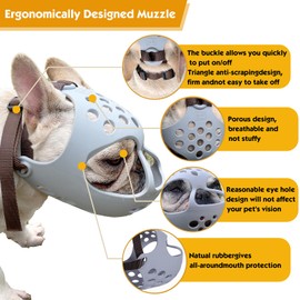 Short Snout Dog Muzzle- Adjustable Soft Silicone Flat Faced Muzzle Bulldog Muzzle Breathable Dog Mask for Biting Chewing Training Licking and Grooming (Gray, S（Head 10-13"）)