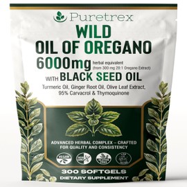 PURETREX Wild Oil of Oregano 6000mg with Black Seed, Turmeric & Ginger – 300 Softgels | 95% Carvacrol & Thymoquinone | Immune, Gut & Respiratory Support | High-Potency Herbal Complex – Vegan & Non-GMO
